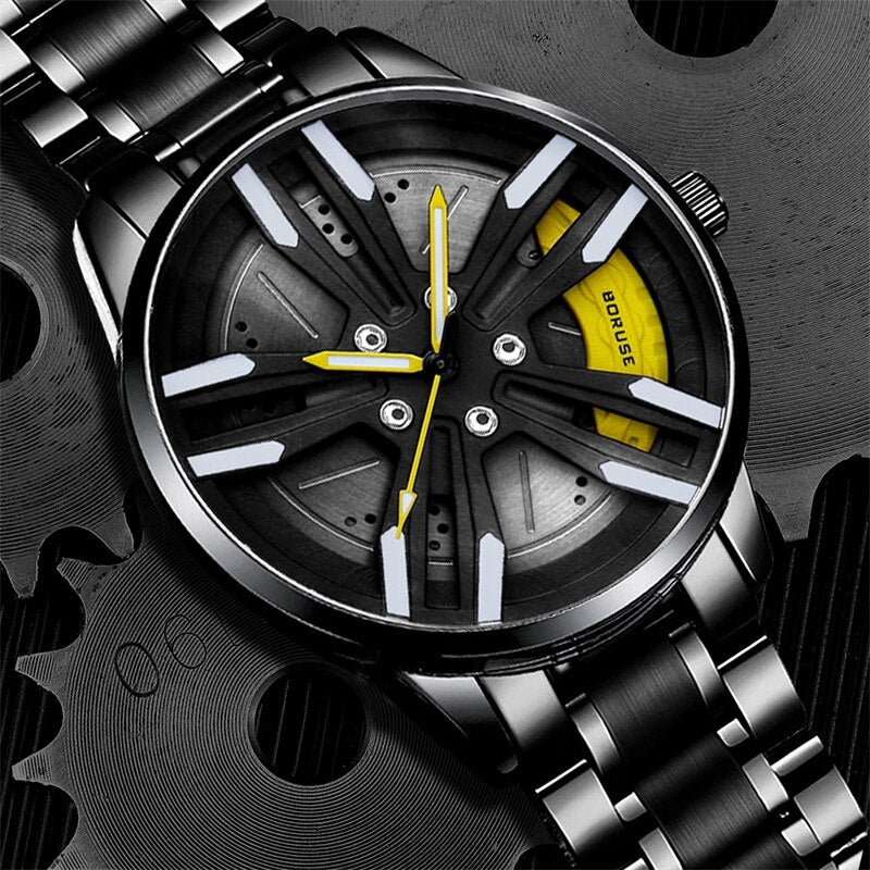 Men Wheel Rim Hub Watch Stainless Steel Sport Car Men Quartz Watches Waterproof Creative Leather Luminous Clock relogio masculio - Bonnie Lassio