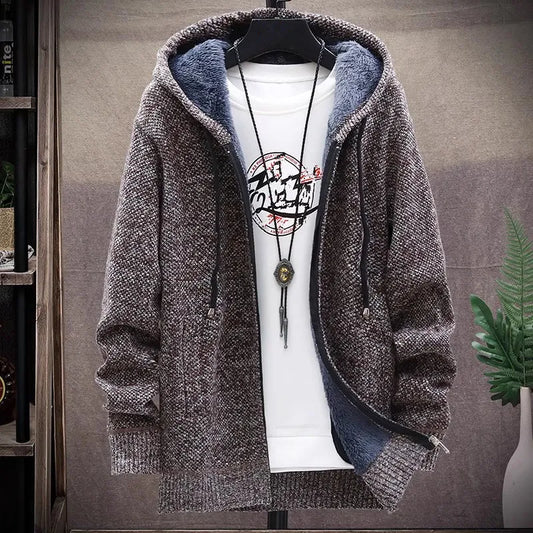 Mens Hooded Cardigan Knitted Sweater Winter Thick Fleece Casual Knitwear Coat Hooded - Bonnie Lassio