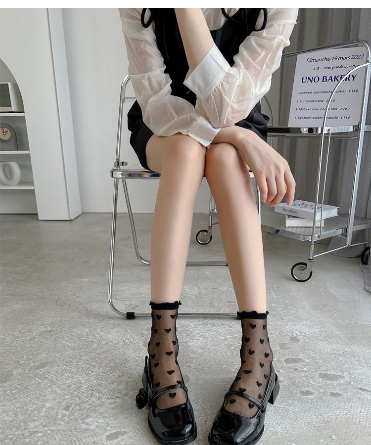 Women Sexy Ruffled Love Heart Pattern Thin Long Socks JK Uniform Lolita Sweet Glass Fiber Transparent Ins Style Black Lace Socks - Bonnie Lassio