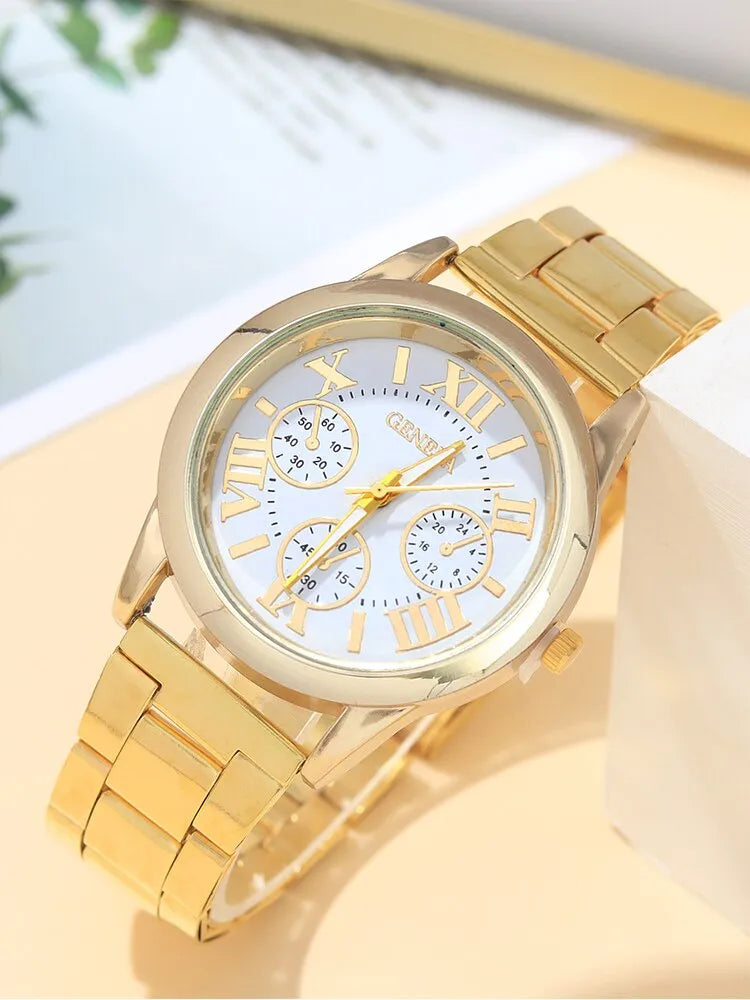 5pcs Fashion Women's Watch Versatile and Simple Gold Steel Band Quartz Watch with Star Moon Diamond Bracelet Set - Bonnie Lassio