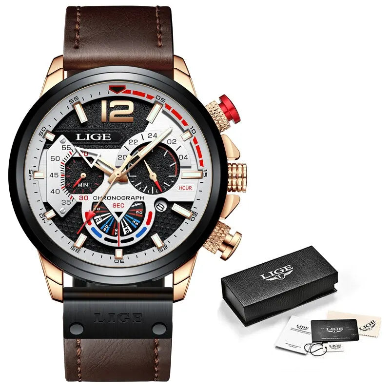 LIGE Fashion Watch Luxury Chronograph Sport Mens Quartz Wristwatches Leather Waterproof - Bonnie Lassio