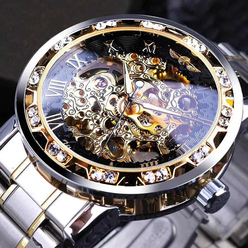 Mens Mechanical Skeleton Wrist Watch Faux Diamond Gear Movement - Bonnie Lassio