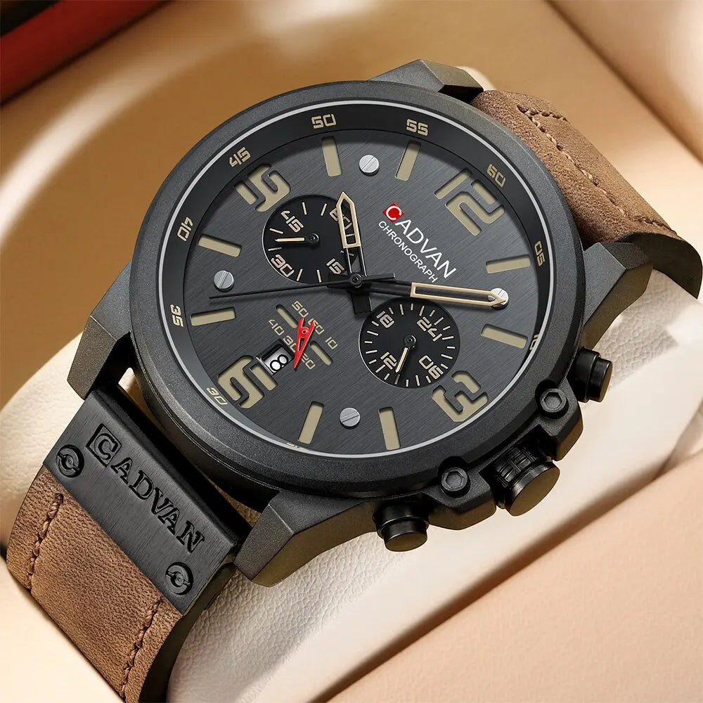 Mens Wrist Watch Chronograph Quartz Genuine Leather Strap - Bonnie Lassio