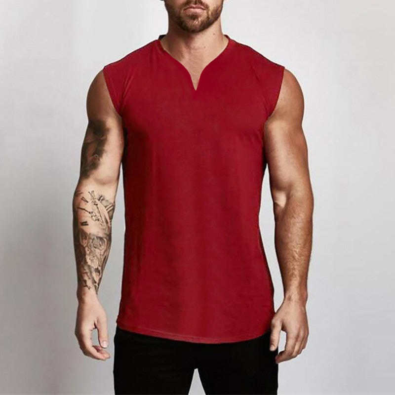 Plain Cotton V-neck Fitness Tank Top Men Summer Muscle Vest Gym Clothing Bodybuilding Sleeveless Shirt Workout Sports Singlets - Bonnie Lassio