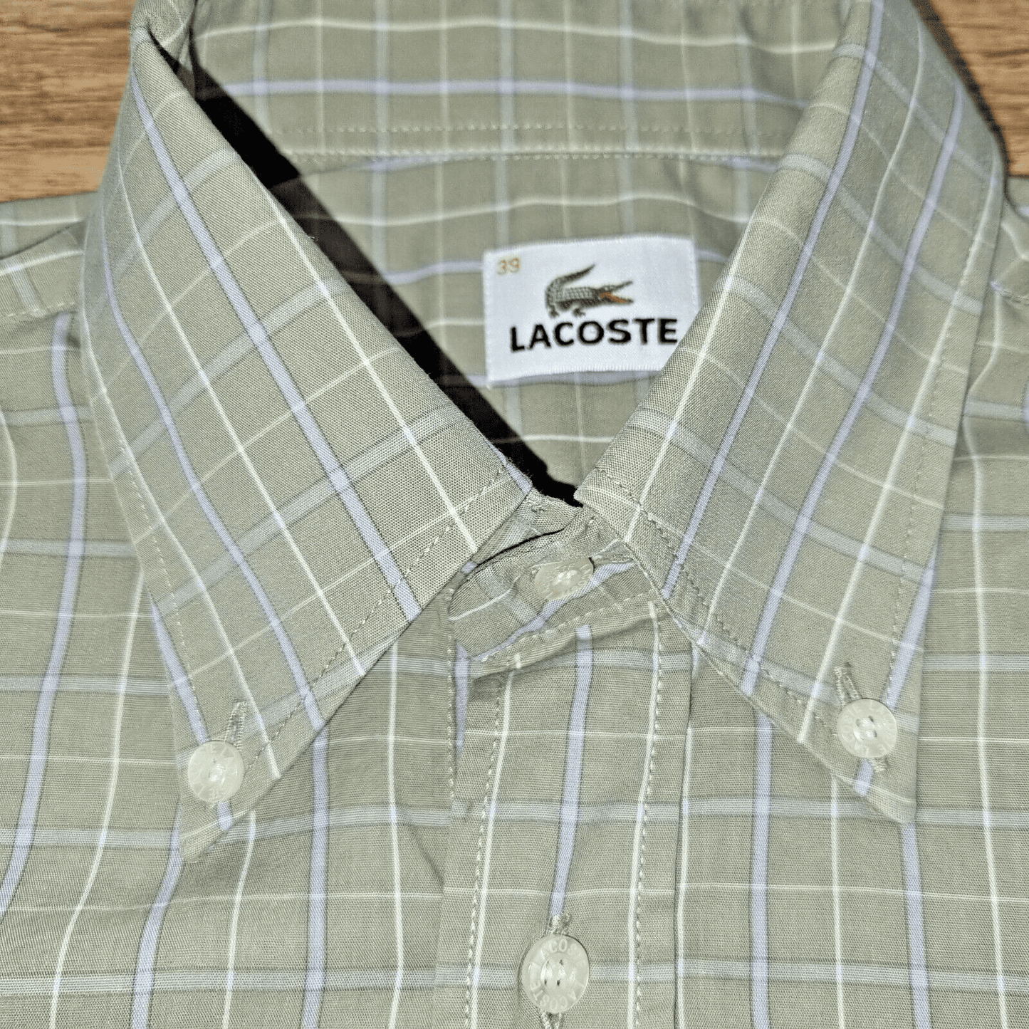 LACOSTE Shirt Men Medium Light Brown White Short Sleeve Casual Crocodile - Bonnie Lassio