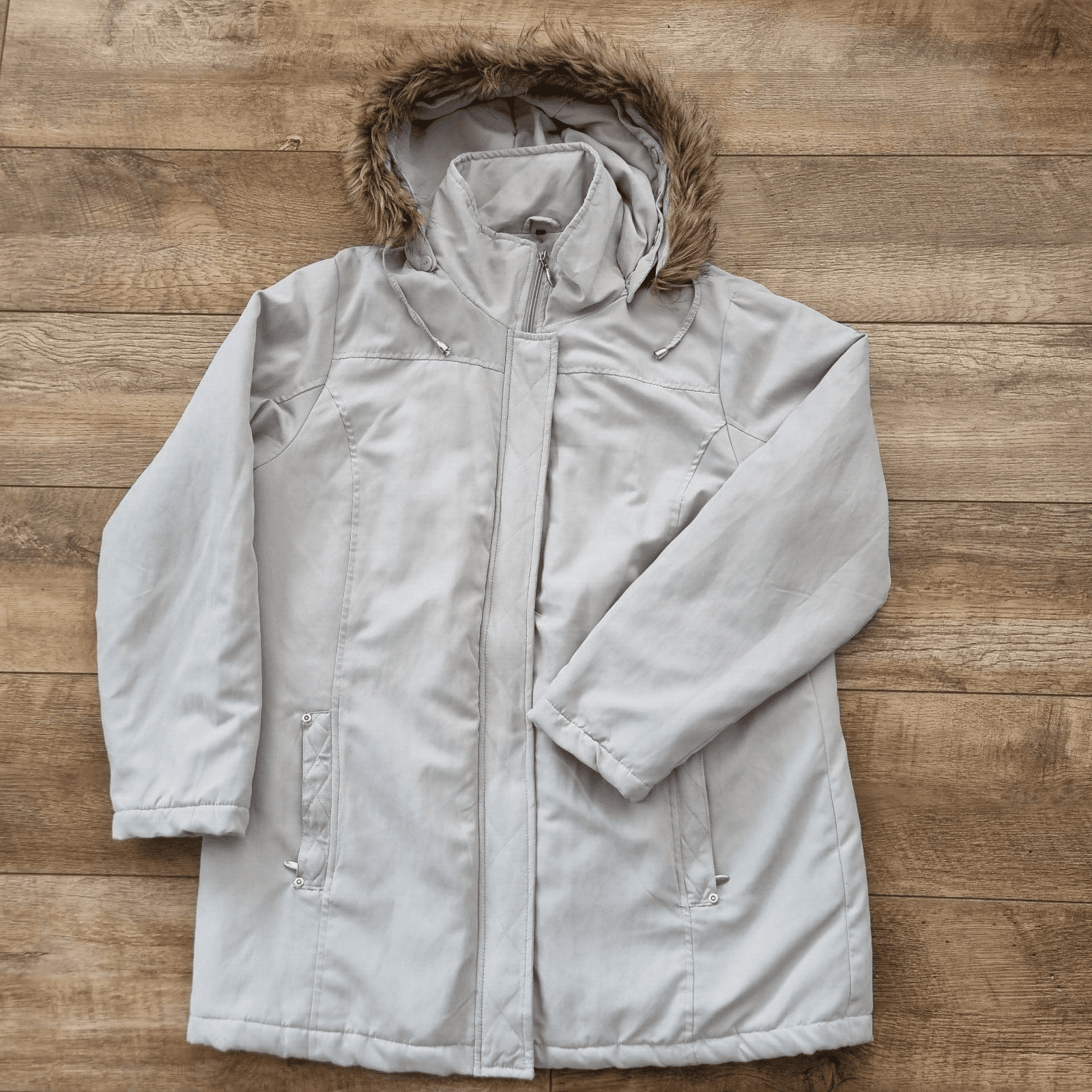 Womens Winter Coat Detachable Hood Sand Size 16 by Sarah Hamilton - Bonnie Lassio