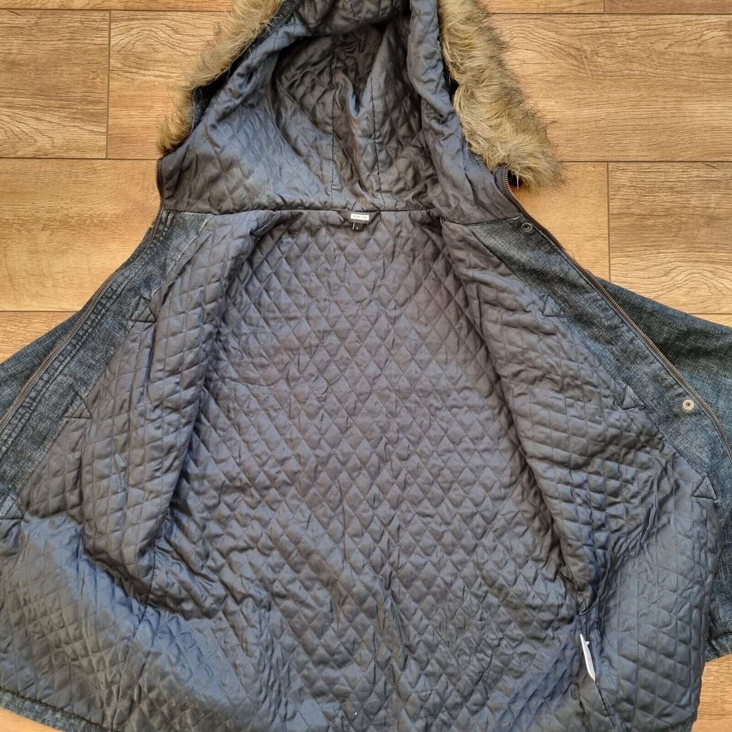 Nikita Duffle Coat Blue Denim Fur Hood Zip Poppers With Pockets Heavy Winter - Bonnie Lassio