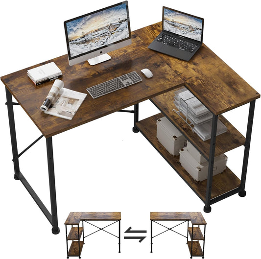 110CM L-Shaped Desk with Shelves, Reversible Computer Workstation for Home Office, Rustic Brown"