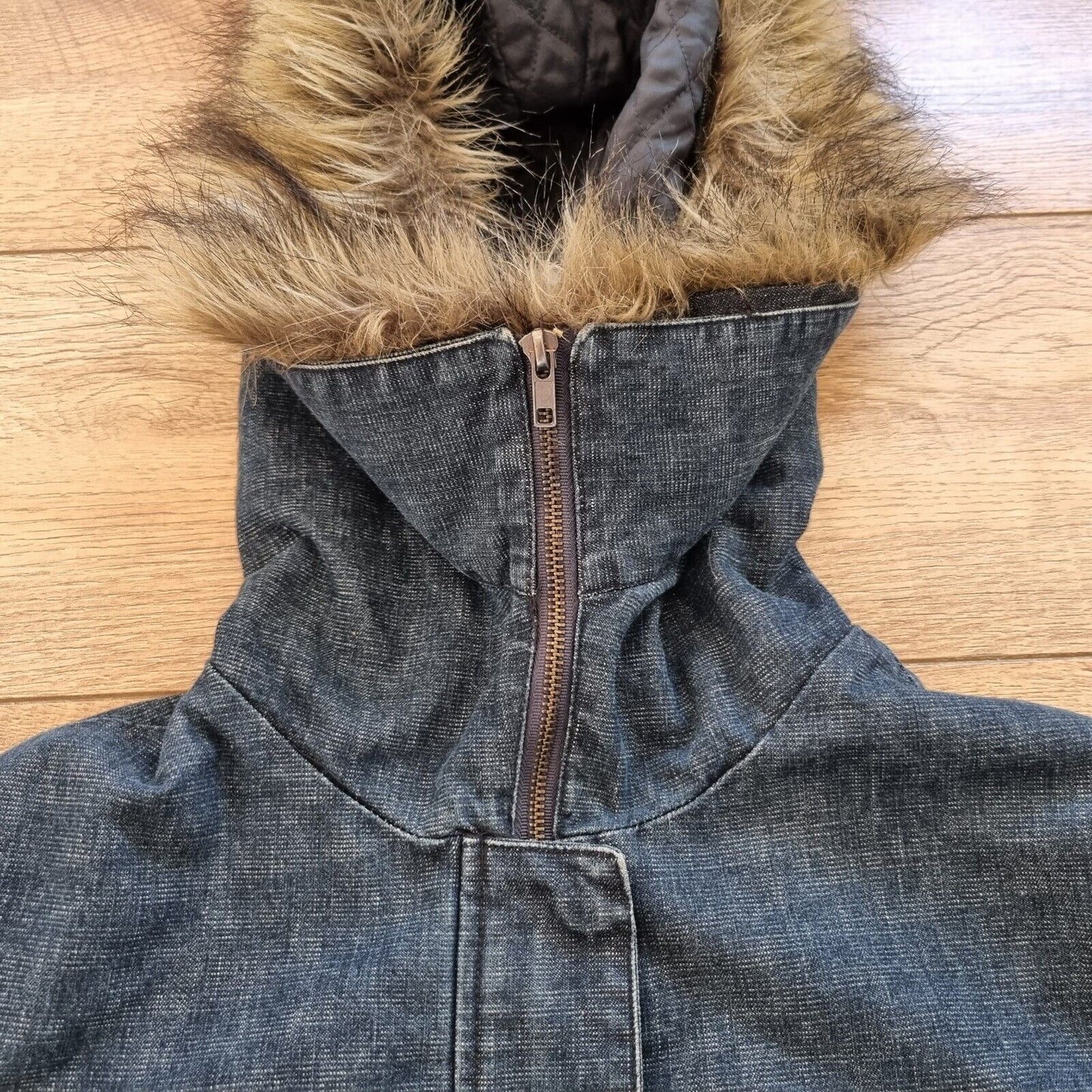 Nikita Duffle Coat Blue Denim Fur Hood Zip Poppers With Pockets Heavy Winter - Bonnie Lassio