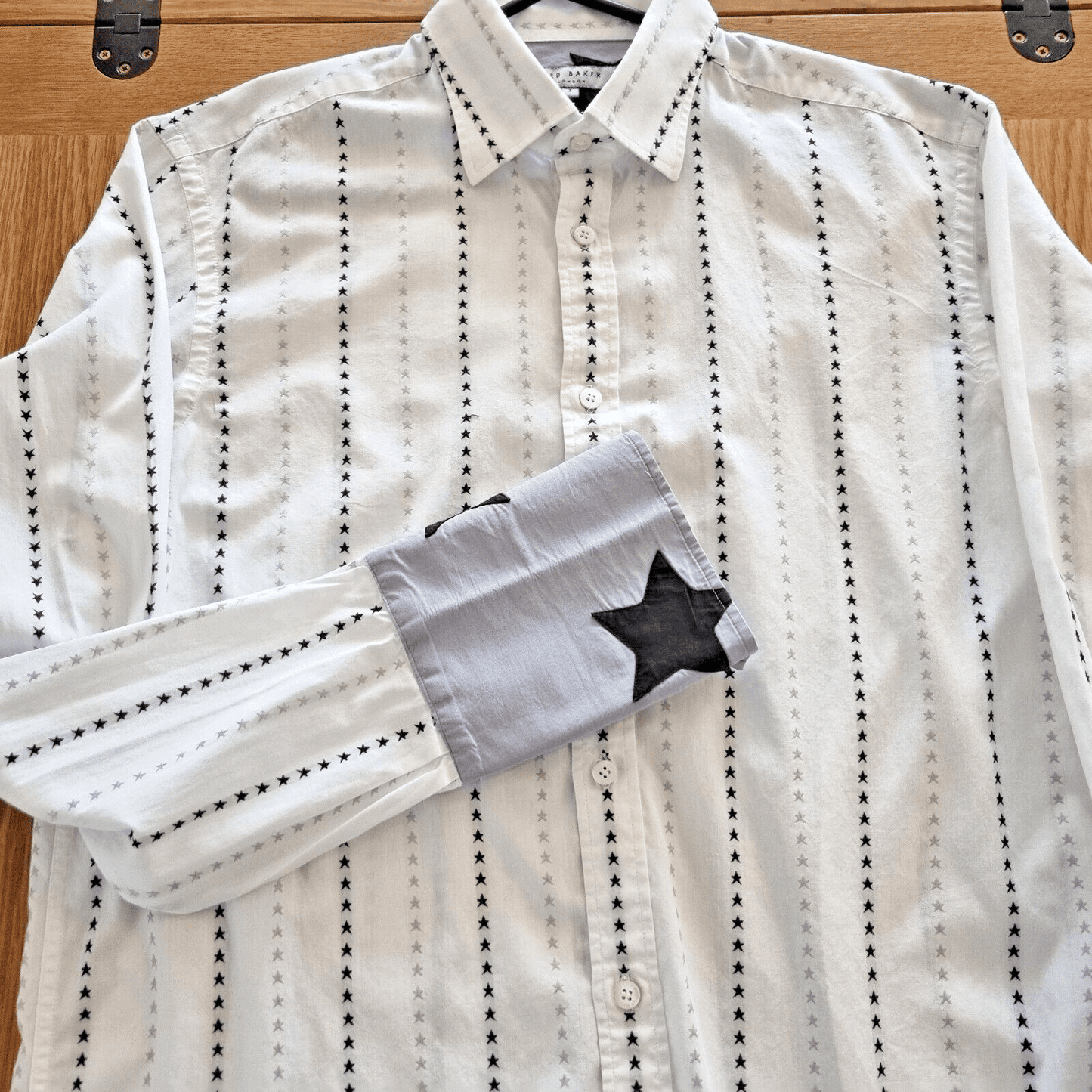 Mens Ted Baker Shirt Double Cuff Regular Fit White Long Sleeve Stars Grey Trim