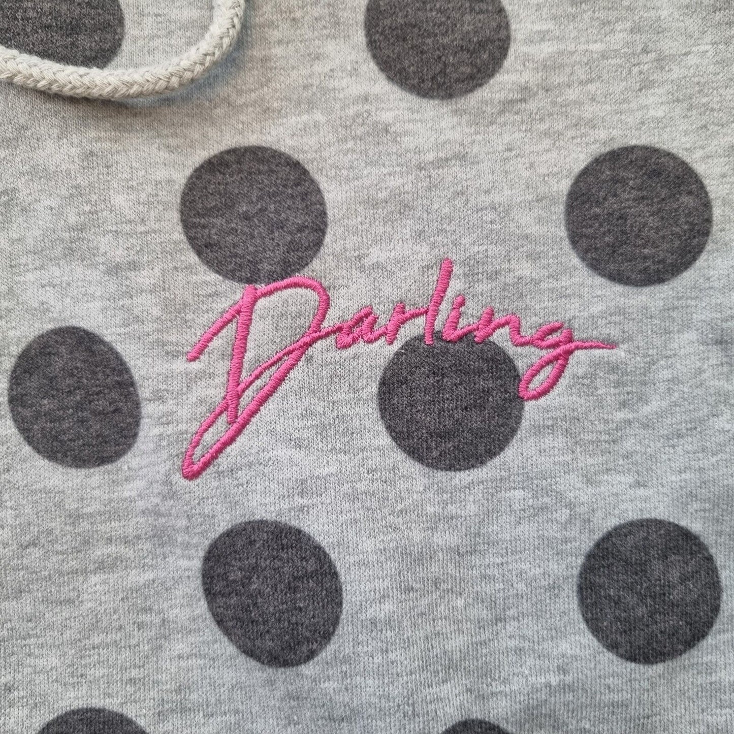 Hoodie Grey Darling Embroidery Polka Dots Front Pocket