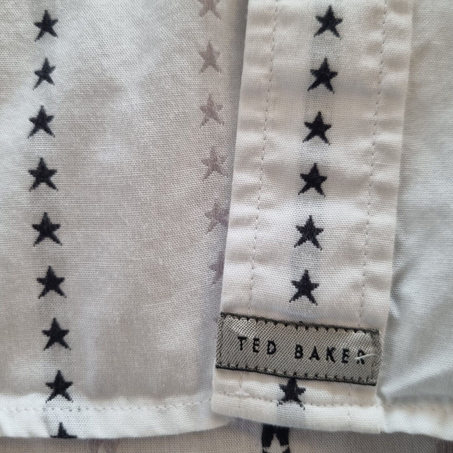 Mens Ted Baker Shirt Double Cuff Regular Fit White Long Sleeve Stars Grey Trim