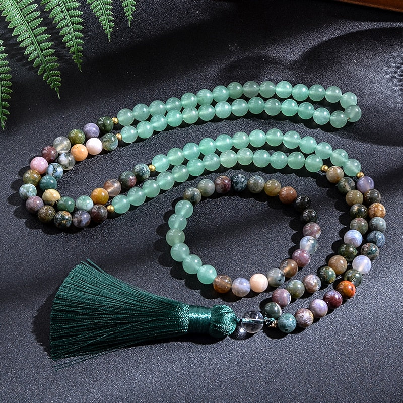 8mm Indian Agate Green Aventurine 108 Beads Japamala Necklace Bracelet Set Meditation Yoga Blessing Men and Women Jewelry - Bonnie Lassio