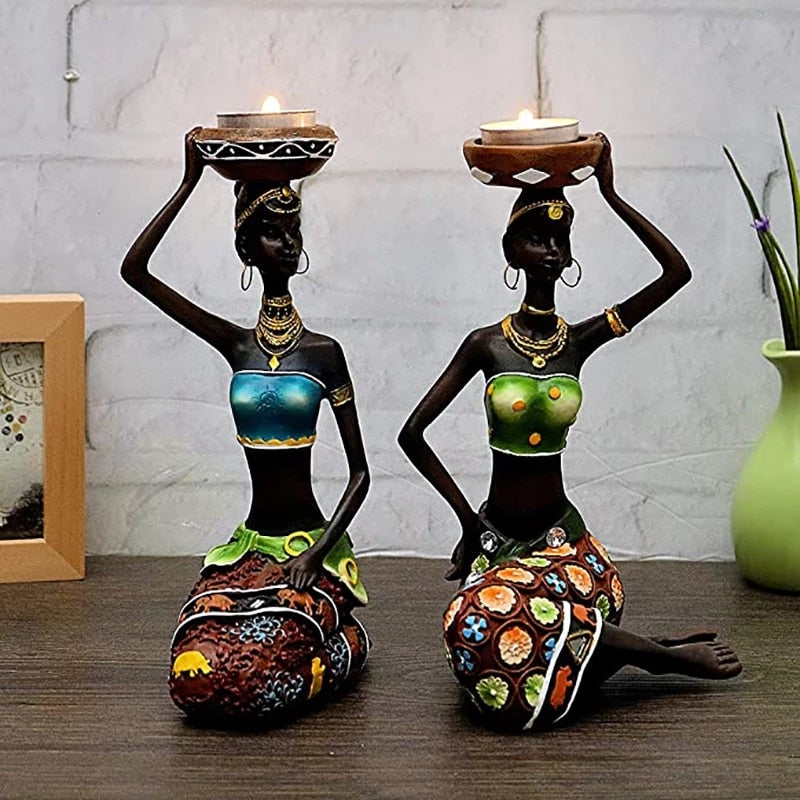 Tea Light Candle Holders African Women 8.5" Decorative  Candleholders - Bonnie Lassio