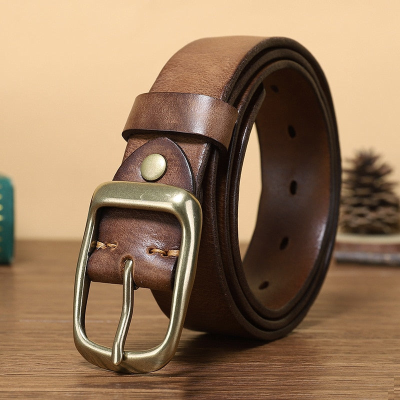 Mens  Genuine Leather Belt Copper Buckle Strap For Jeans - Bonnie Lassio