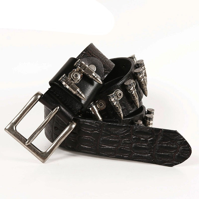 CETIRI Unisex Punk Bullet Decoration Belt Top Quality Genuine Leather Belts Crocodile Pattern First Layer Cowhide Waist Belt - Bonnie Lassio