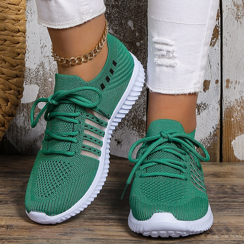 Lightweight Breathable Running Shoes for Women Non Slip Knitted Green Sneakers Woman Soft Sole Slip On Casual Flats Plus Size 43 - Bonnie Lassio