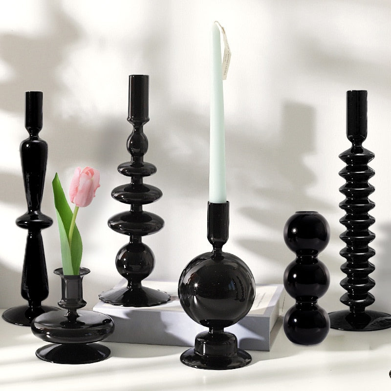 Black Glass Vases Glass Candle Holders for Wedding Home  Flower Vase Decoratio Candlestick Holder  Modern Living Room Decor - Bonnie Lassio