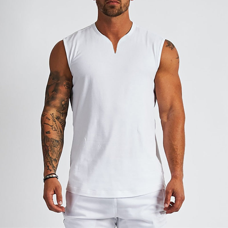 Plain Cotton V-neck Fitness Tank Top Men Summer Muscle Vest Gym Clothing Bodybuilding Sleeveless Shirt Workout Sports Singlets - Bonnie Lassio