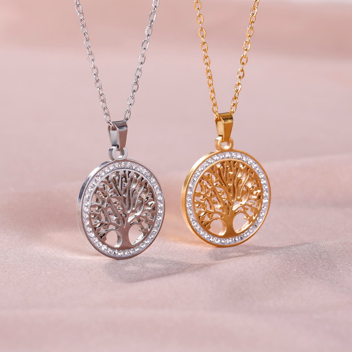 Skyrim Tree of Life Necklace for Women Stainless Steel Gold Color Clear Zircon Round Pendant Neck Chains Luxury Wedding Gift - Bonnie Lassio