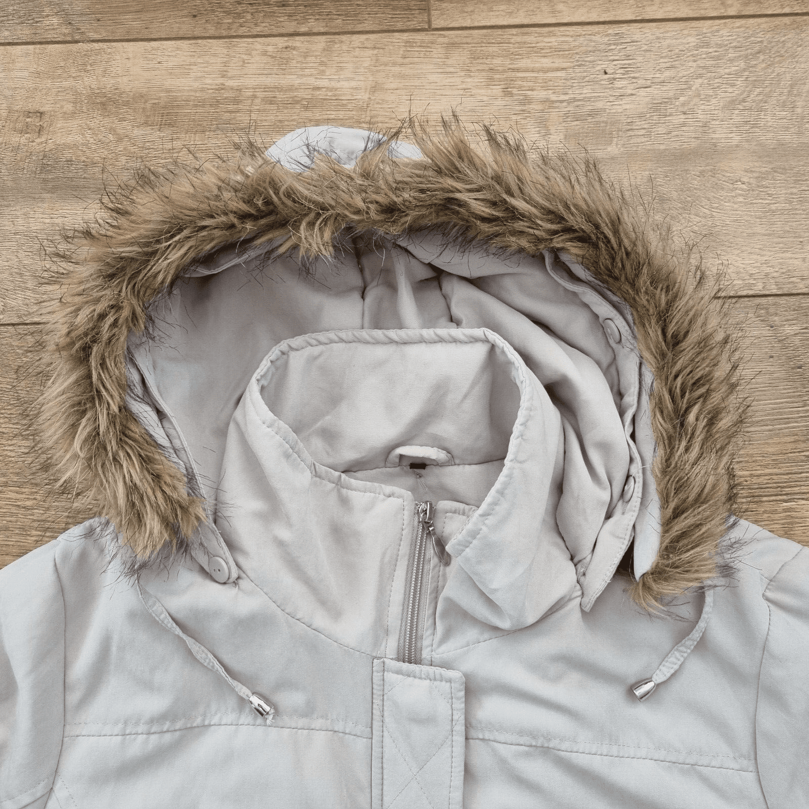 Womens Winter Coat Detachable Hood Sand Size 16 by Sarah Hamilton - Bonnie Lassio