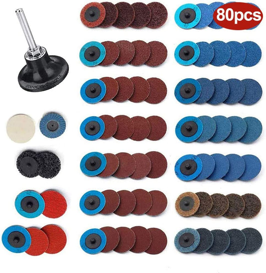80-Piece 2-Inch Sanding Discs with 1/4-Inch Shank Holder Set - Quick Change Sanding Disc Kit for Surface Conditioning, Die Grinder Surface Preparation, Stripping, Grinding, Polishing, Burr Removal, Rust, and Paint Finishing"
